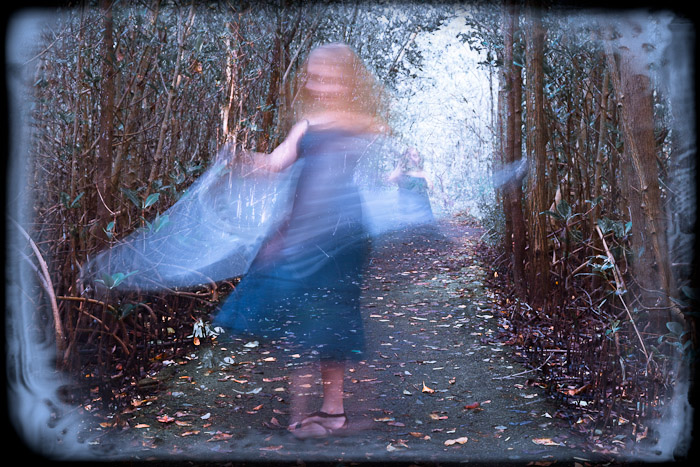 Motion blurred figure in a blue dress moving along a mangrove path